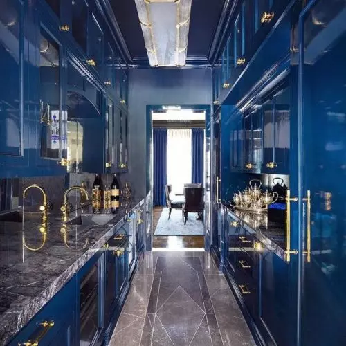 photo of kitchen space painted blue with high gloss paint