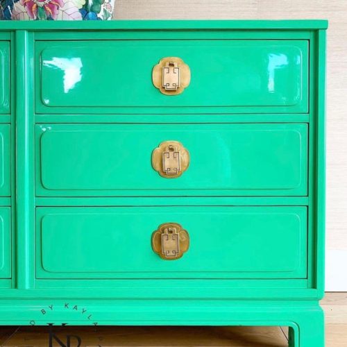 photo of dresser painted bright green with high gloss paint