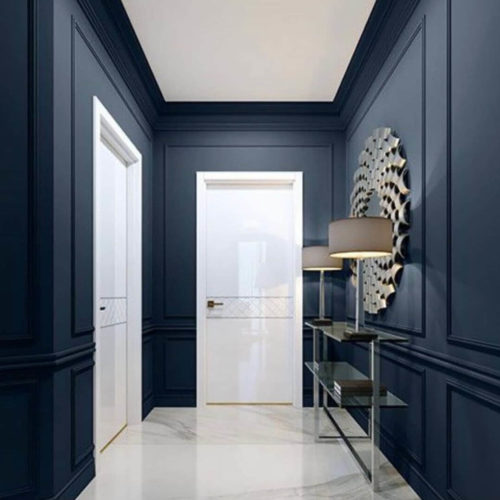 photo of hallway painted dark blue with fine paints products.