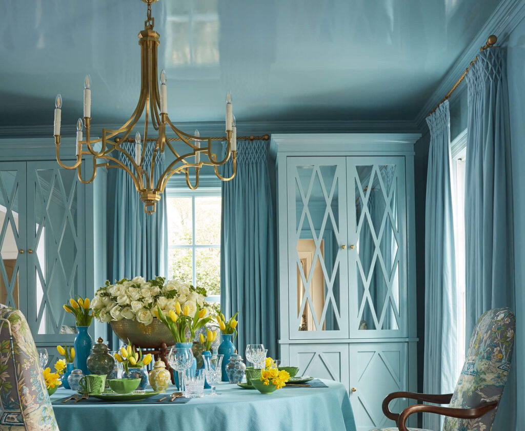 Painter- H.J. Holtz & Son, Inc. Designer Credit- Designer, Suellen Gregory Design Photo of dining room painted with a light blue high gloss paint. Painter- H.J. Holtz & Son, Inc. Designer Credit- Designer, Suellen Gregory Design
